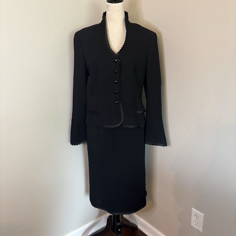 Vintage Escada Black New Wool Skirt Suit Set 40 US 10 Pleated Ruffle Trim Mint!